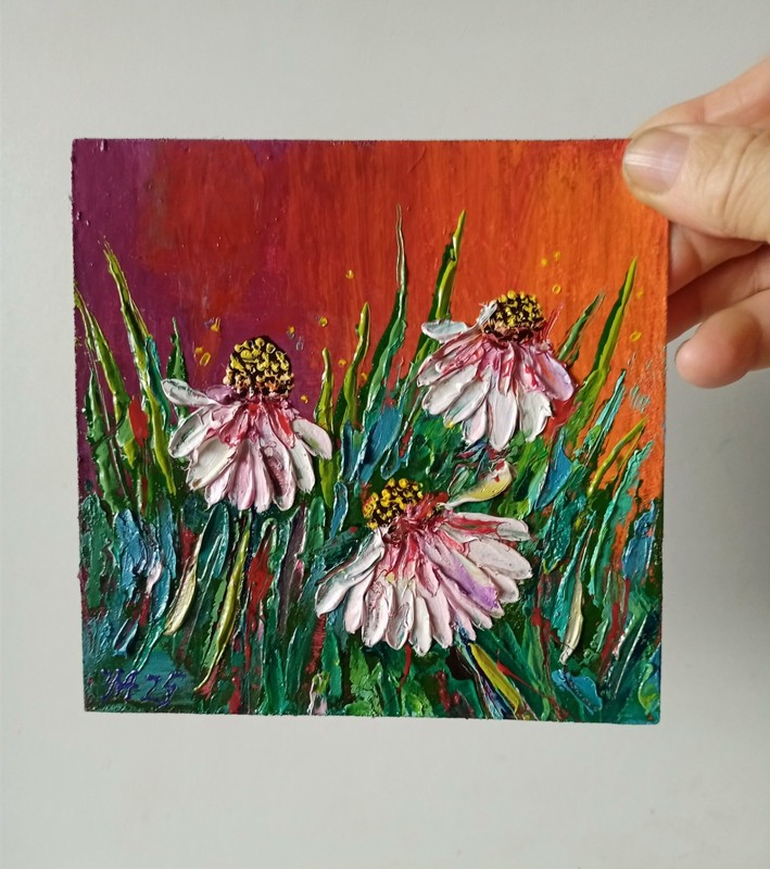 Daisies Impasto Painting Original Art Impression Oil Painting 6 x 6 in gallery