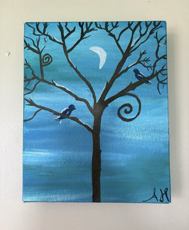 Original Hand-Painted 8×10 Abstract Night Tree Moon Birds Canvas Signed