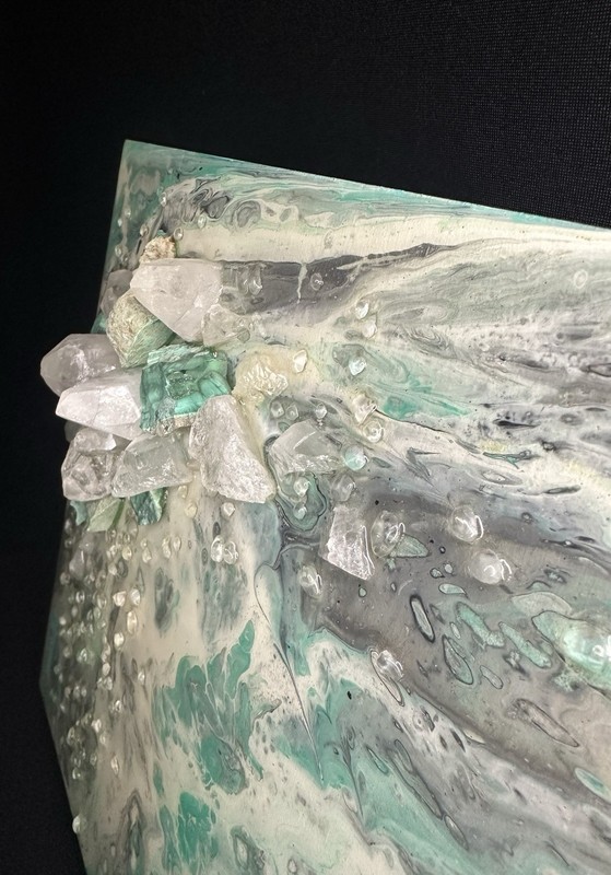 Quartz Crystals and Malachite Clusters Abstract Resin Painting Canvas 12x12 gallery