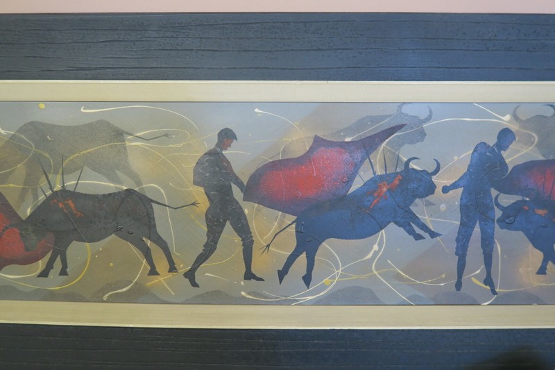 SIGNED EDGAR STARECK 1959 BULLFIGHT COWS OIL ON BOARD PAINTING 11.5" x 39.5" gallery