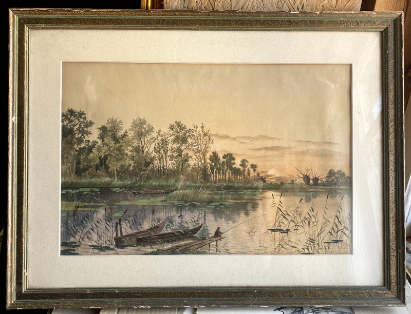 Watercolor Illegibly Signed Around 1890 Angler in Boat Moor Sunset