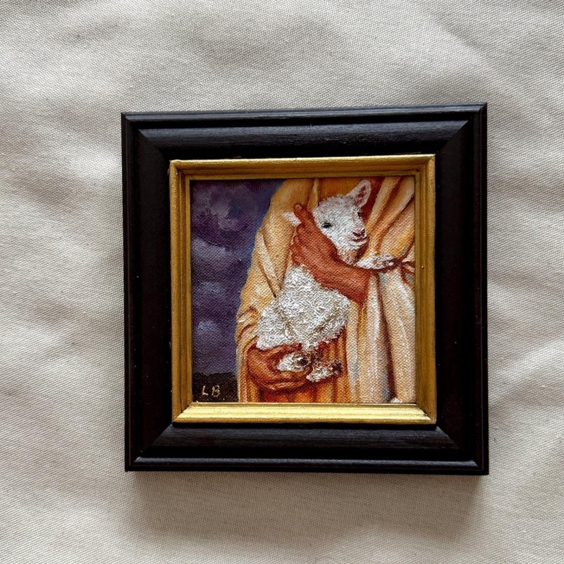 Jesus Holding Lamb Miniature Oil Painting in Vintage Solid Wood Frame