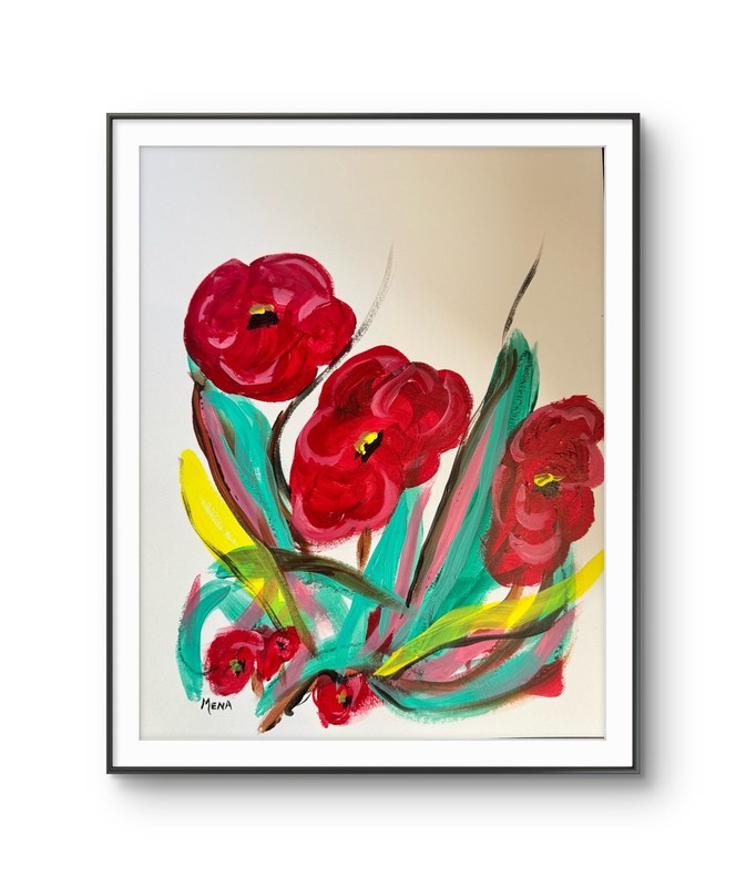 Garden of Red Poppies Expression 14X11 Original Art on Quality Paper by Mena