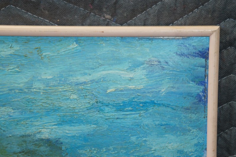 Large Vintage Impressionist Pink Water Lily Pad Oil Painting on Board 40" gallery