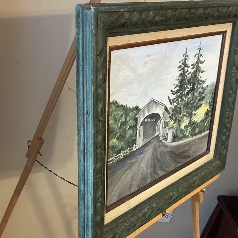 Framed Landscape Painting Covered Bridge Road Trees Nature Scene Single Piece gallery