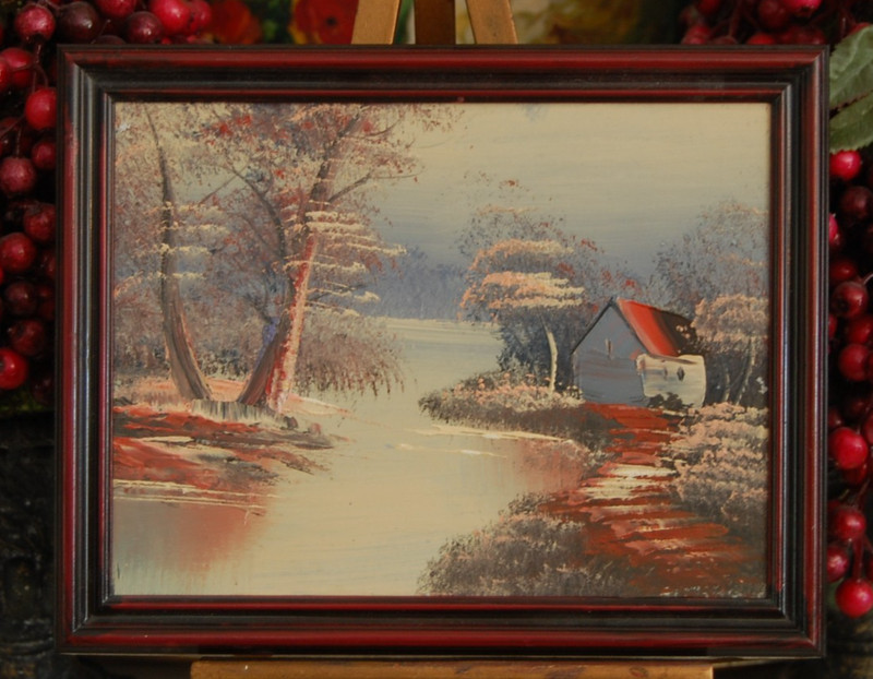 VINTAGE 1950-60S FRAMED IMPRESSIONIST OIL RIVER, TREES & COTTAGE LANDSCAPE SCENE