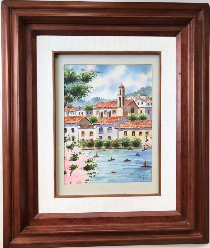Original Watercolor Mexico Signed Francisco Garcia MARTINEZ 26x 22 Wood Frame gallery