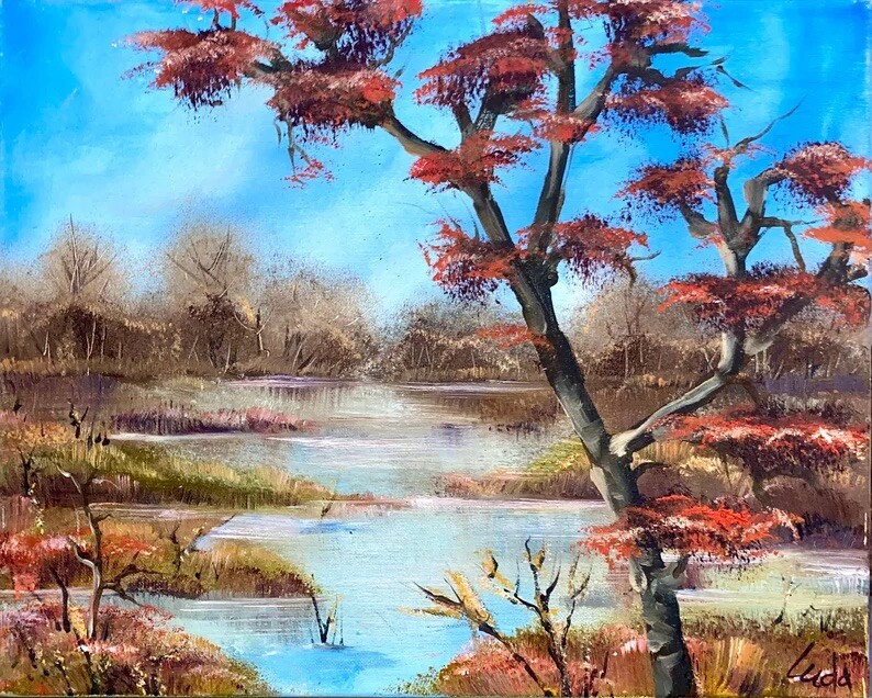Handmade Nature Swamp Lake Landscape Oil Painting on Canvas Size 16×20 inches