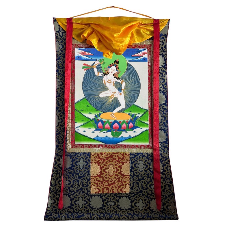 Machig Labdron Thangka Painting, Handmade Silk Brocade Mounted Machig Labdron