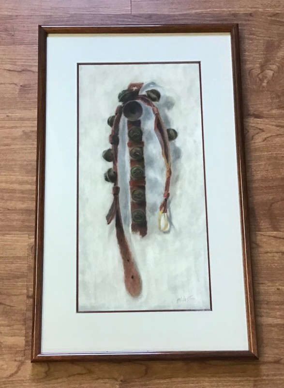 Framed Pastel Gouache Painting Signed M. WESTON Sleigh Bells Hanging Wall 26”T
