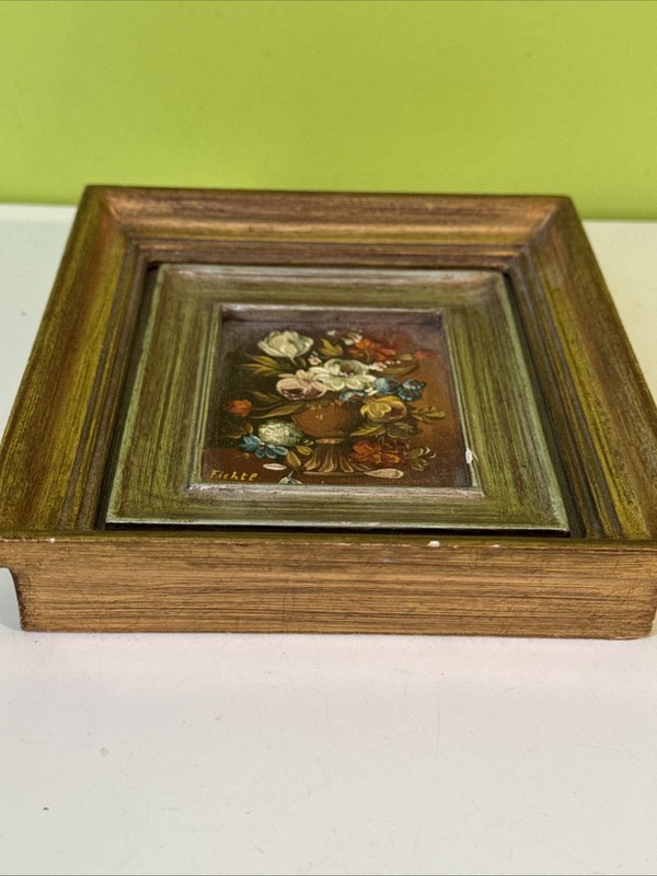 Miniature Still Life Floral Oil Painting Listed Artist Fichtl Gold Frame 6” gallery
