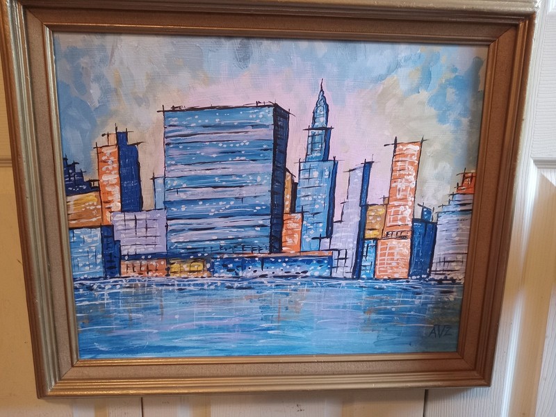 Vintg Oil On Canvas Abstract Expressionist NYC Cityscape Seaport Signed AVZ ’70