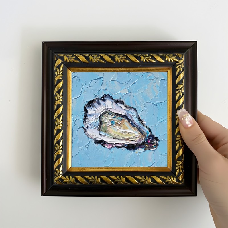 Oyster Painting on Brown Gold Mini Framed Hand Painted Animal Art 4×4