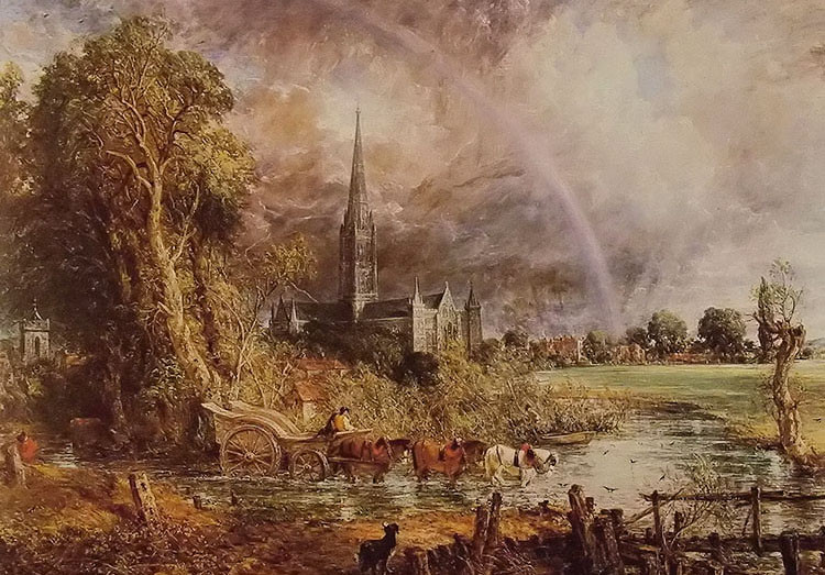 Oil painting salisbury cathedral from the meadows with church rainbow landscape