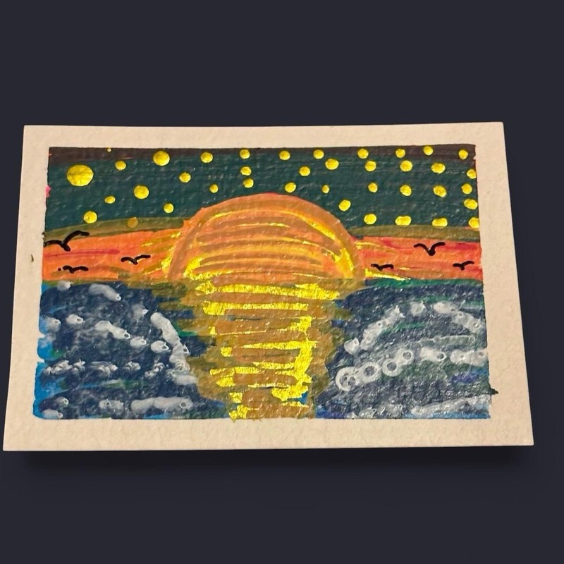 Golden Sunset Oceana – Mixed Media Acrylic Art ACEO