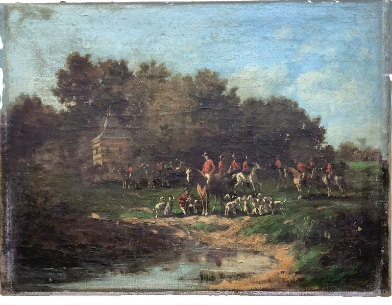 19th Century GATHERING FOX HUNTING BRITISH Oil on Canvas Painting To Restore