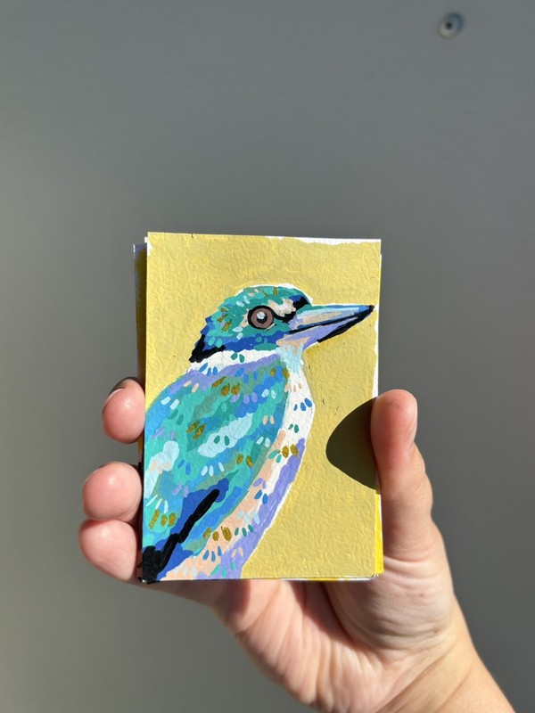 Abstract Collared Kingfisher ACEO ATC Original Acrylic Marker 2.5×3.5in
