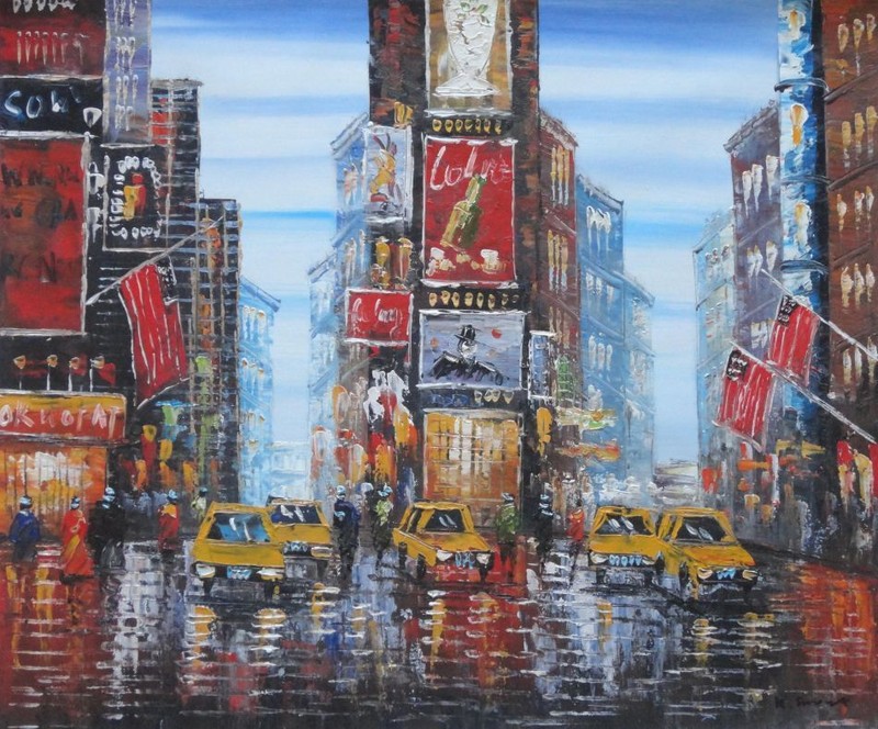 20×24 Yellow Taxis, Advertising, Manhattan Skyline and Times Square Oil