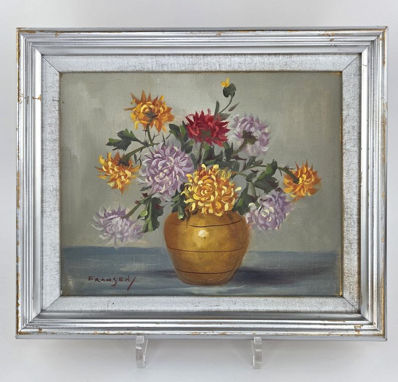 Original Still Life Painting on Canvas Floral Signed Aged Paint Wood Frame 11×12