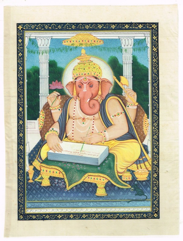Religious Painting Of Lord Ganesha Writing Fine Art On Silk Cloth 9×11 Inches