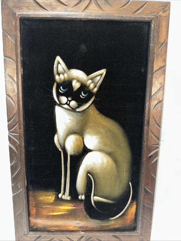 VELVET PAINTING HOUSE CAT SITTING MADE IN MEXICO MEOW