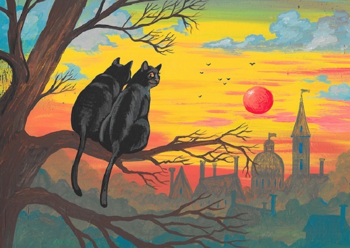 5X7 PRINT OF PAINTING BLACK TUXEDO CAT RYTA ART CITYSCAPE ROMANTIC Halloween 🎃