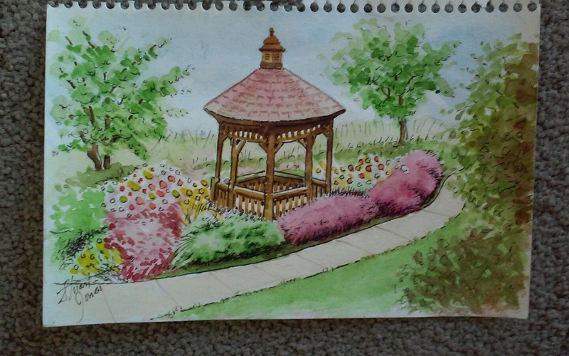 Original GAZEBO Watercolor ça 2008 Stuart Jones Lancaster PA en plein air 5.5×9″
