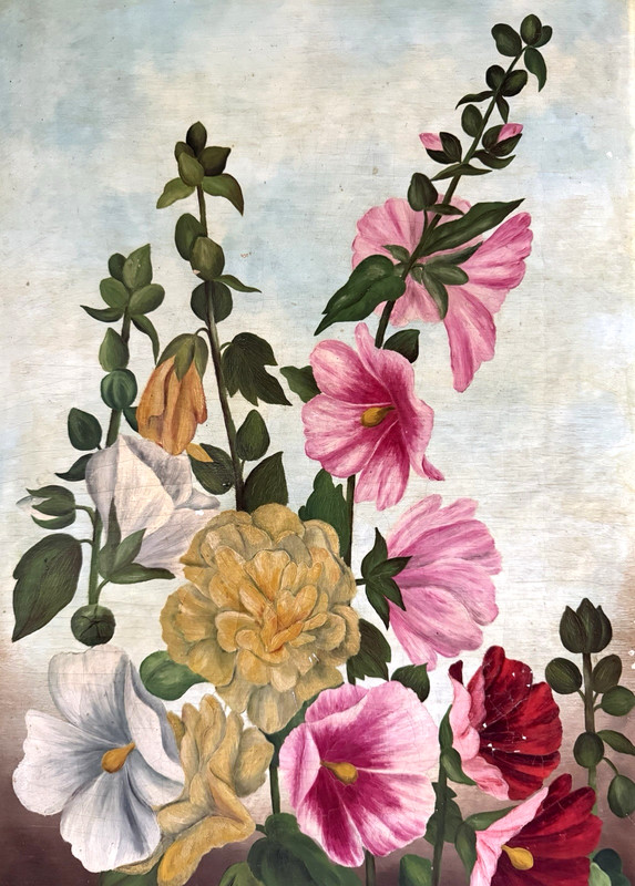 Vintage Original Flower Painting - Hollyhocks, Oil on Canvas, Unsigned, Framed gallery