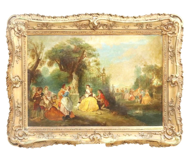 Antique Painting, Oil, French School, Fete Champetre, Gold Frame, 18th C, 1700s
