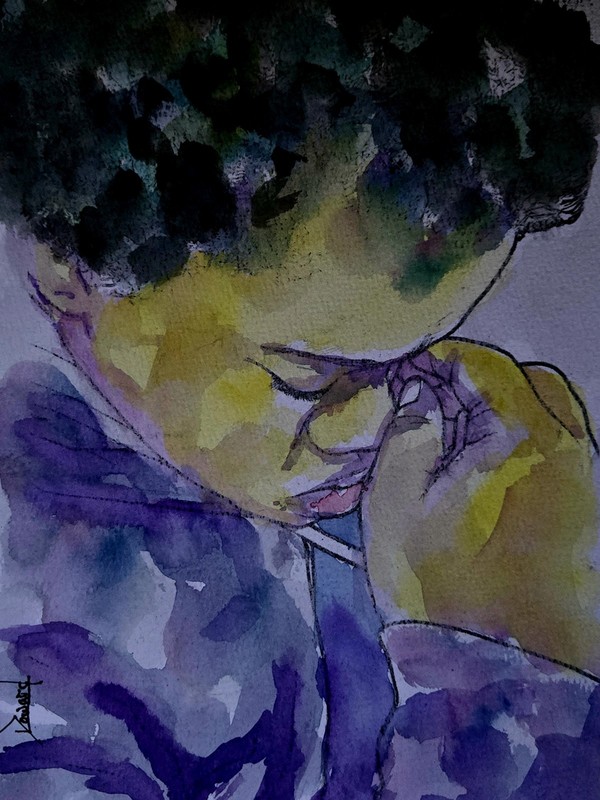 ORIGINAL African American Urban Watercolor painting «Family Prayer 3»