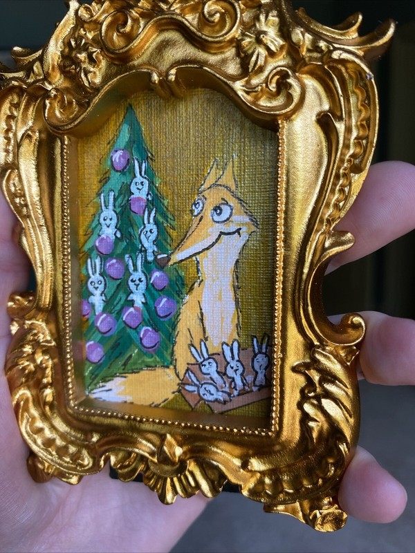 Christmas Tree And Fox, Original Painting On Paper,4/5,framed,gold,miniature gallery
