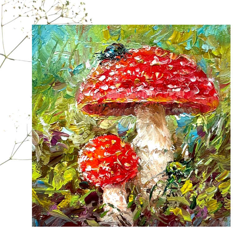 Fly Agaric Original Oil Painting Mushrooms5 Canvas Small Wall Art 4x4in OS gallery