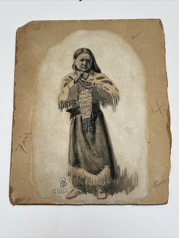 ANTIQUE 19TH CENTURY NATIVE AMERICAN INDIAN PAINTING PORTRAIT YOUNG WOMAN TRIBAL gallery