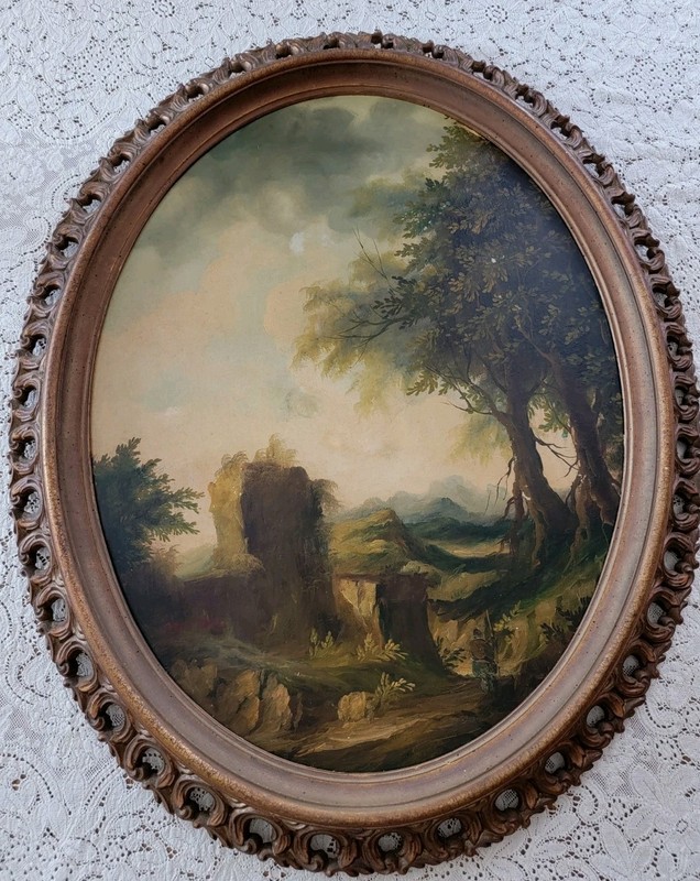 Vintage Romanticism Style European Castle Ruins Oil Painting Oval Frame 33"×27"