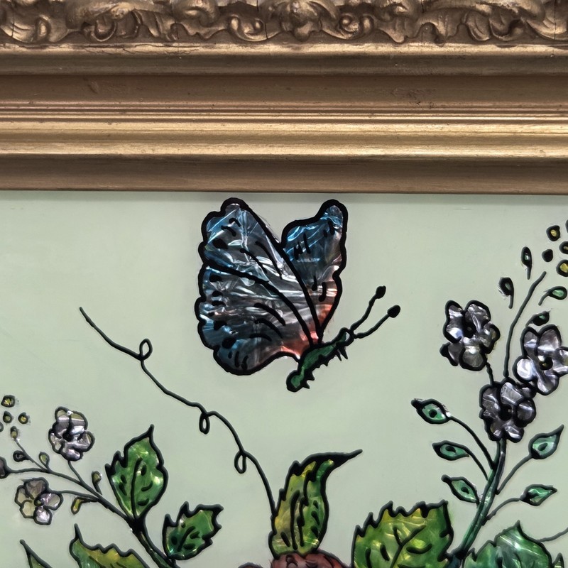 Vintage Tinsel Reverse Glass Painting Gold Gesso Wood Frame Floral Butterfly gallery