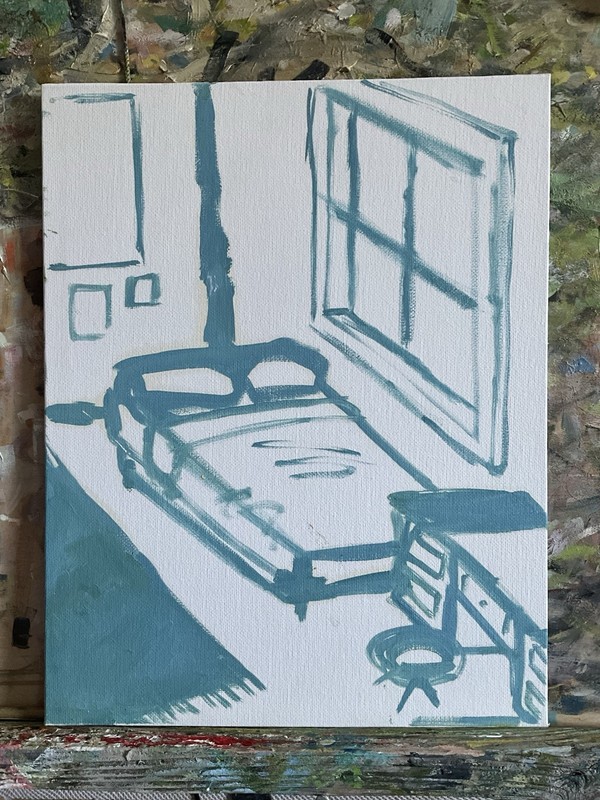 French cubism Room Lounge 14×11 Original Oil Painting On Panel blue FLAT canvas