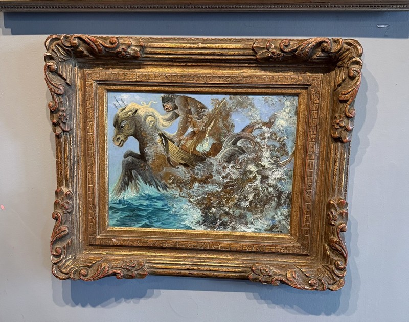 Surrealist Signed Armando Morales Vintage Mythological Sea God Neptune Painting