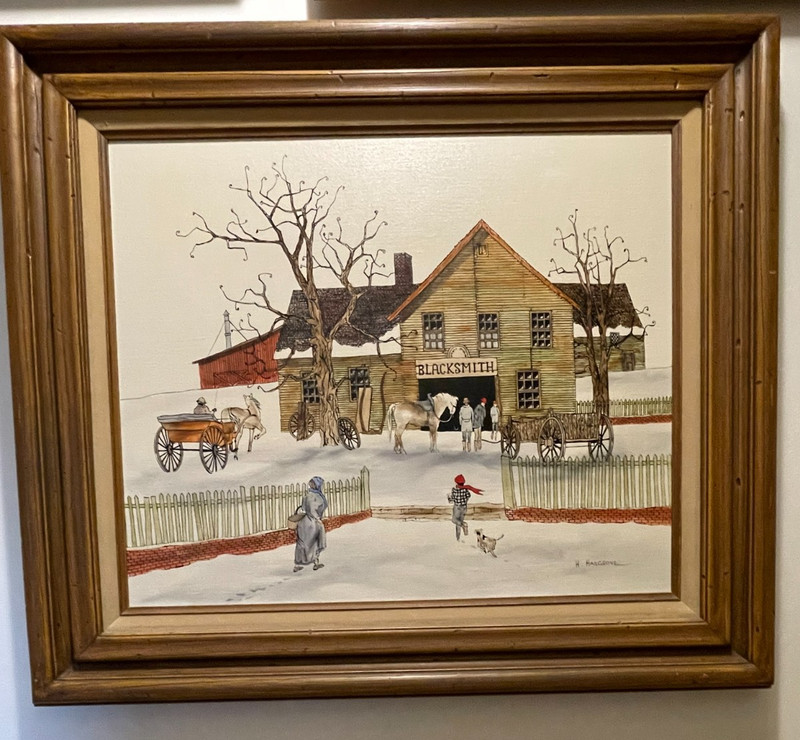 H. Hargrove Blacksmith Oil Canvas Painting Framed 32″ W x 28″ H