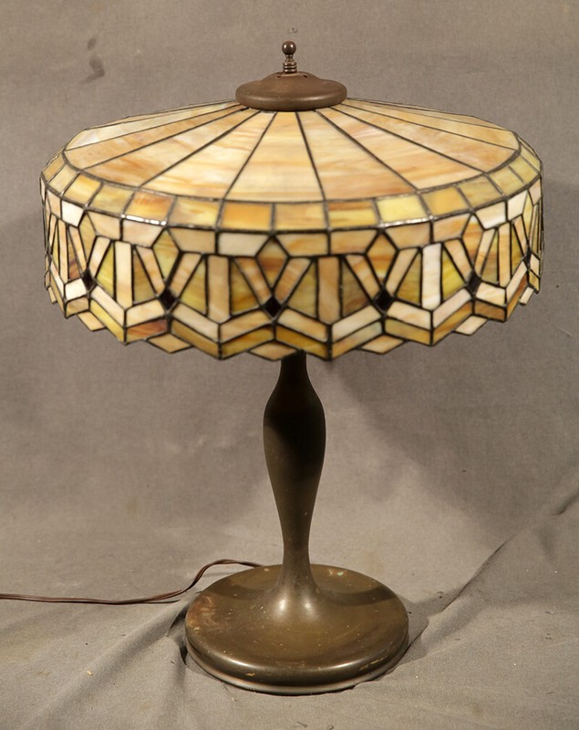 Lamb Brothers Geometric Art Deco Antique Table Lamp Leaded Glass w Brass Base gallery