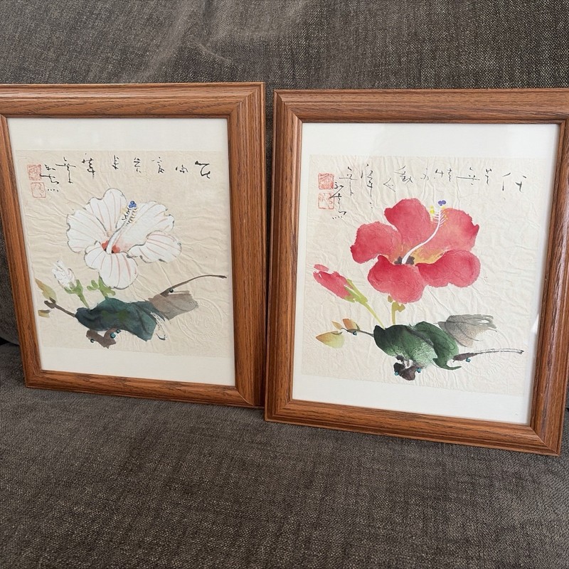 2 Signed Original Chinese Traditional Watercolors Hibiscus John H Chen Stamped gallery