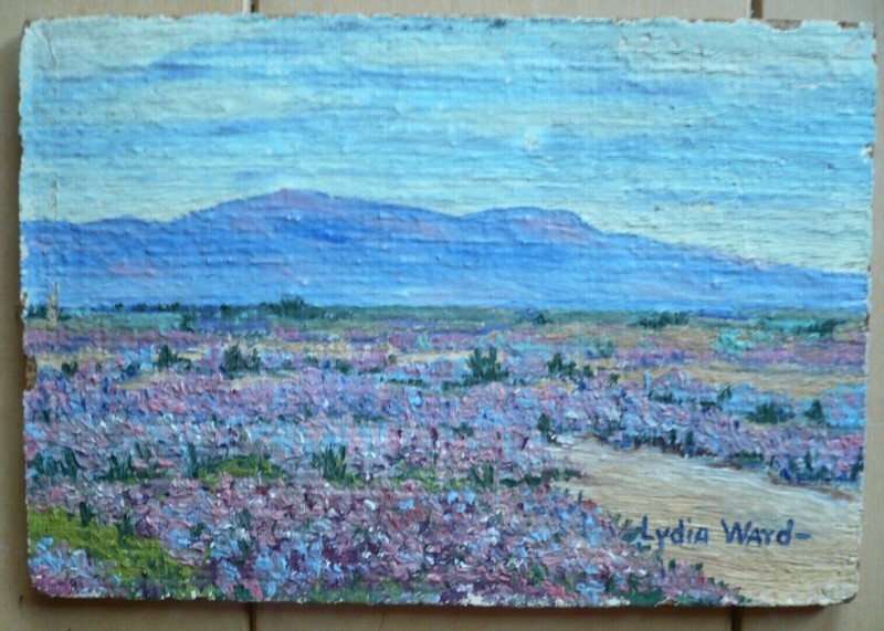 LYDIA WARD, PURPLE LUPINE LANDSCAPE PLEIN AIR IMPRESSIONIST SIGNED VINTAGE OIL