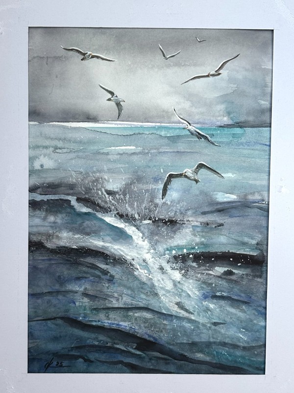 Watercolor painting of a stormy sea, ocean cliff and seagulls, seascape original gallery