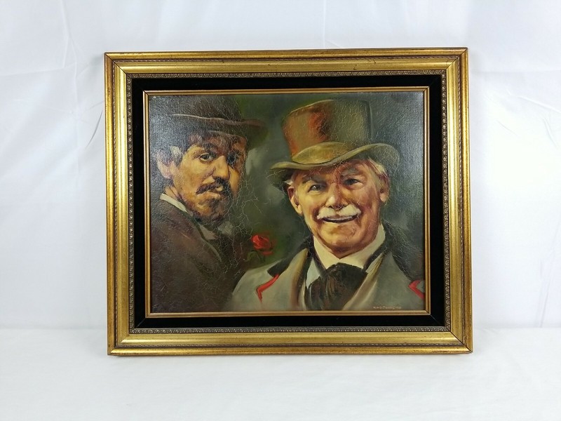 19th Century Original Gentlemen Club Oil Painting Signed WADSWORTH Dual Portrait