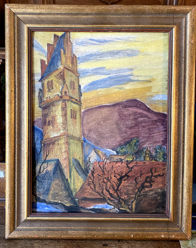 Castle Tower Painting Church Expressionist Frame Antique Tree Berge Evening Sky