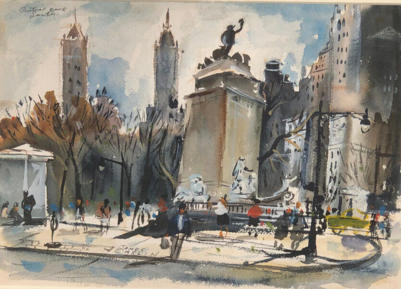 Central Park S., Statue, People 9 3/4 x 13 5/8 W/C Painting-1950s-James Carlin