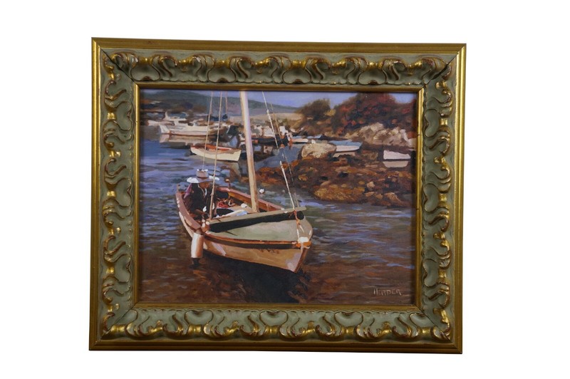 Herder Coastal Seascape Sailboat Harbor Oil Painting on Canvas 19″