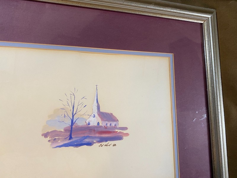 Edwin G Holl 88 "Church & Landscape Scene" Watercolor Painting - Signed/Framed gallery