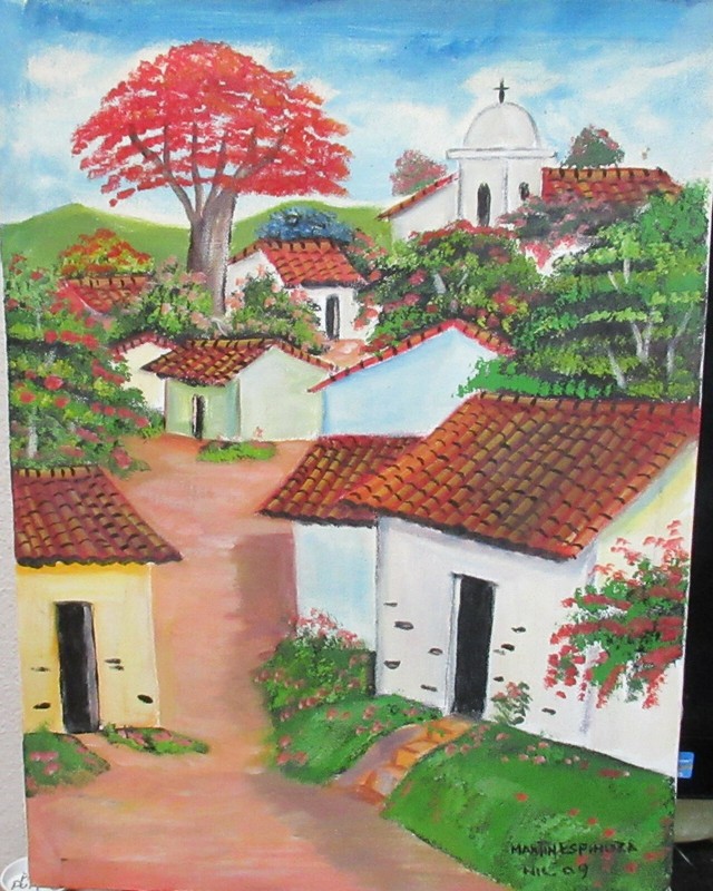 MARTIN ESPINOSA SPANISH CHURCH STREET TREE SCENE ORIGINAL OIL ON CANVAS PAINTING