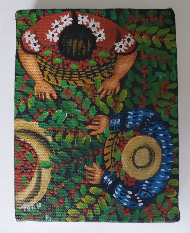 Mini Hand Painted 3″ X 4″ Canvas Painting Signed Coffee Bean Harvesters No Frame