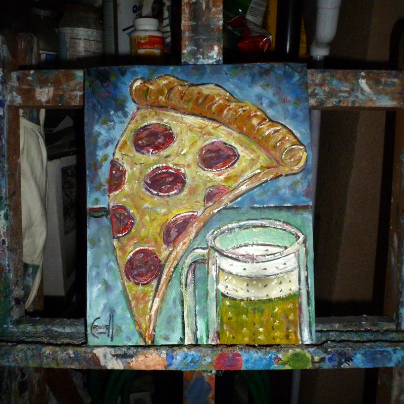PIZZA AND BEER new food drink original 8x10 card panel oil painting by Crowell gallery
